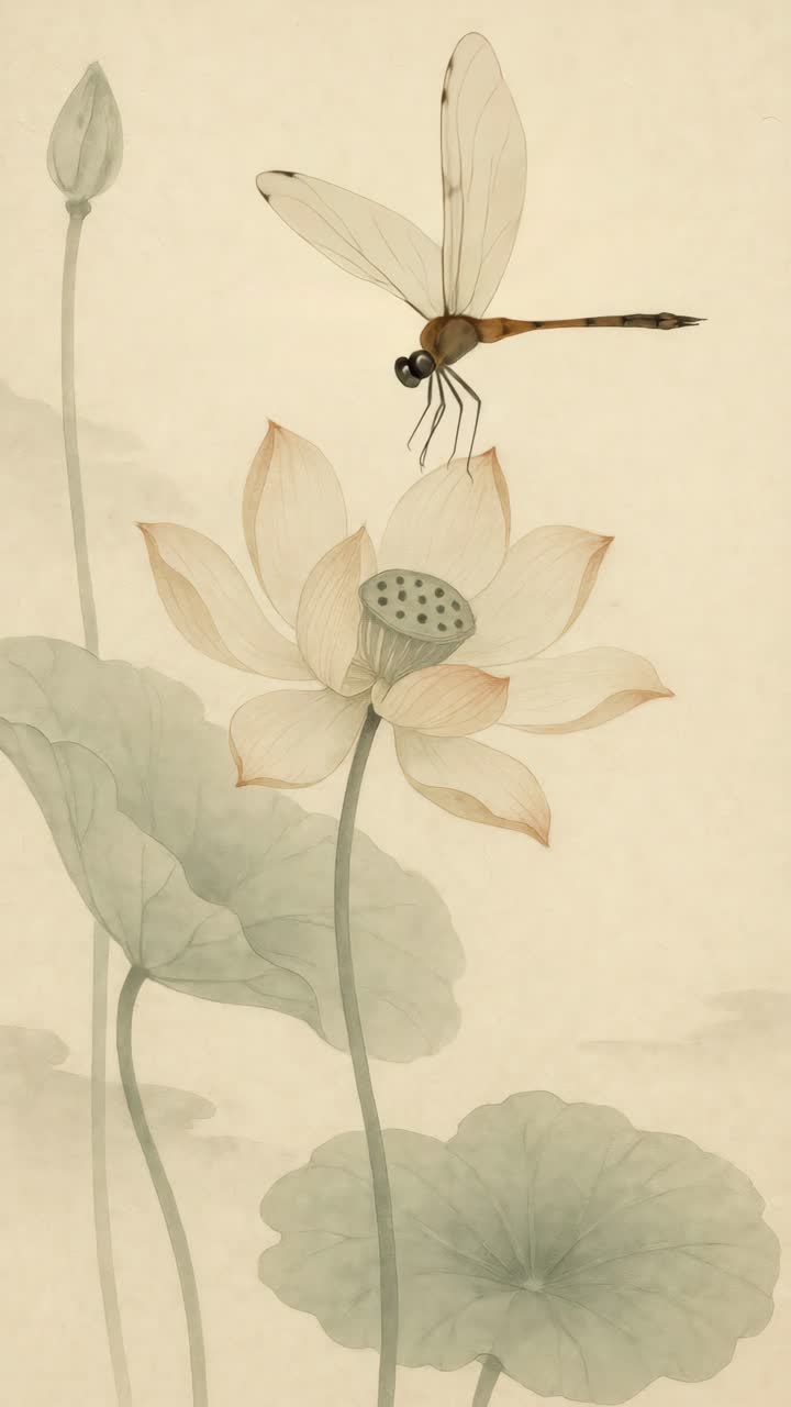 Elegant vintage-style illustration of a dragonfly above a lotus, captured from a side angle