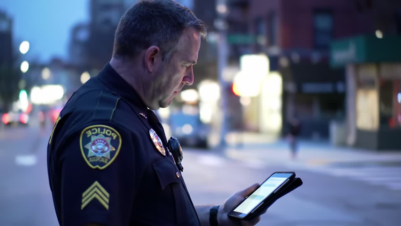 An Officer Engaged in Duty: A Focused Police Serjeant Monitors Information on a Tablet in a Dimly Lit Urban Environment at Dusk