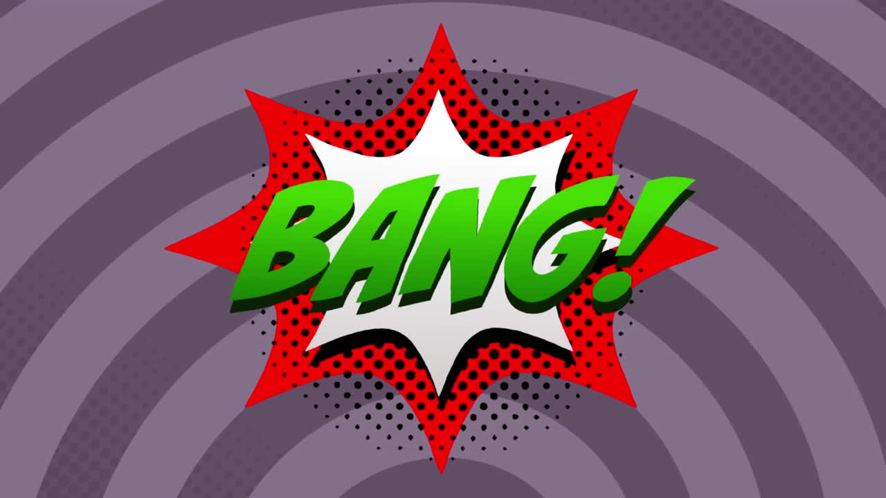 animación de texto de bang sobre burbuja de habla vintage y rayas