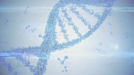 animación del hilado de cadenas de adn, moléculas y procesamiento de datos médicos