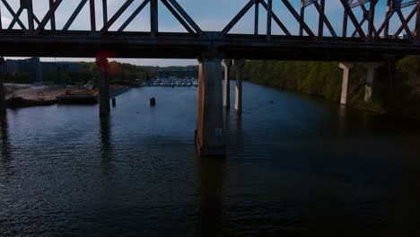 drone shot over train bridge