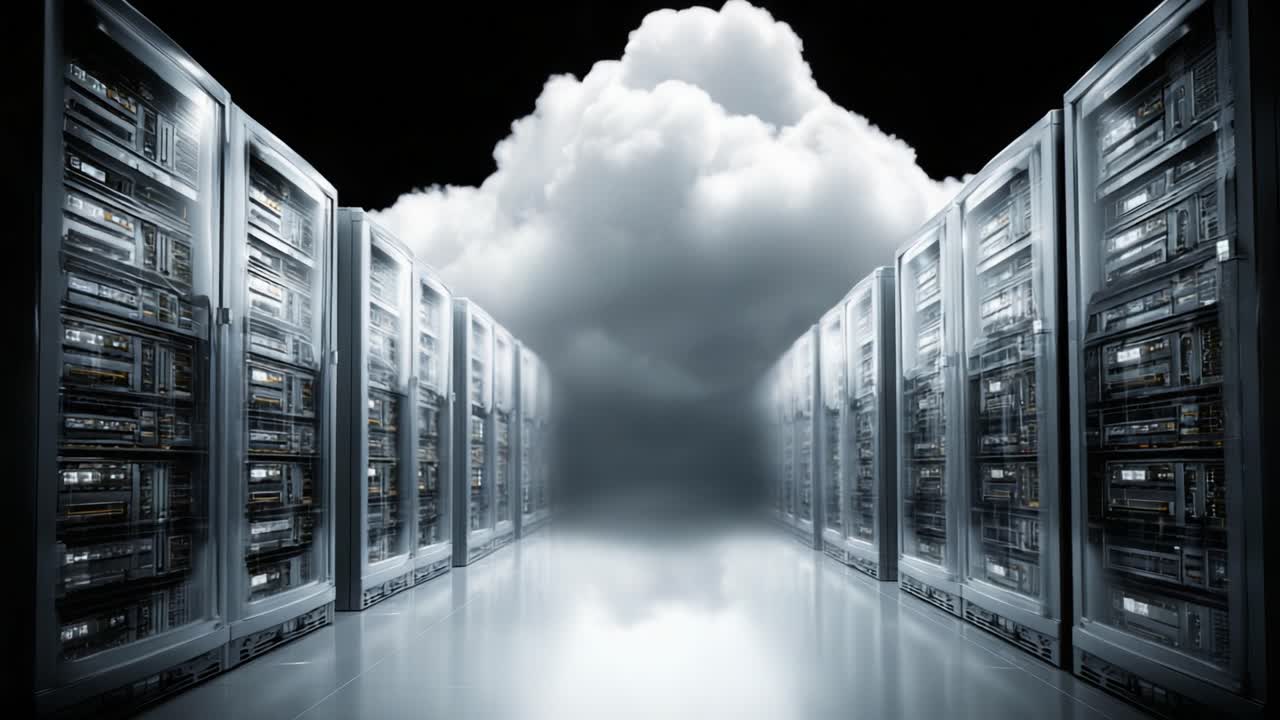A Futuristic Data Center Scene Featuring Rows of Servers Underneath a Dramatic Cloud, Representing the Intersection of Technology and Innovation