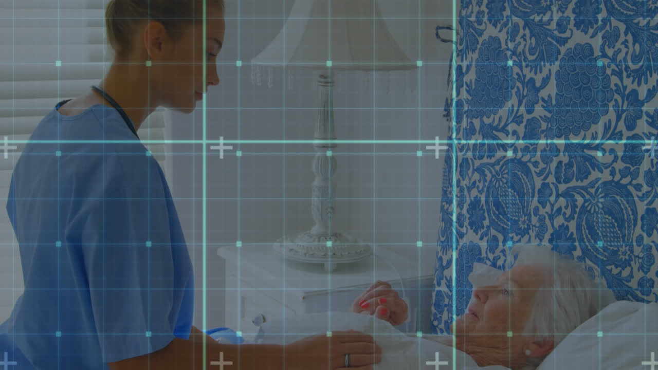 Linhas de grade contra profissional de saúde feminina examinando paciente feminina