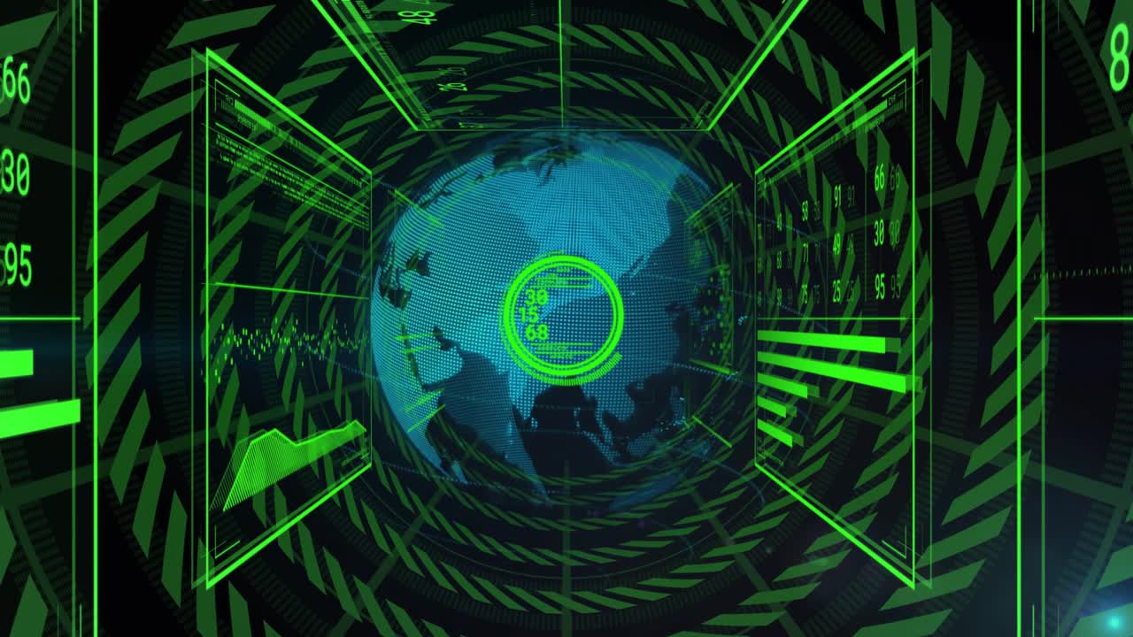 Green beams forming dot globe, globe rotating in HUD tunnel, reticle pulsing, panels scanning data