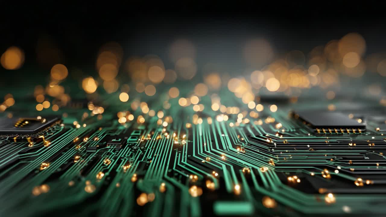 A Close-Up View of a Circuit Board with Glimmering Microchips and Vibrant Green Lines, Showcasing the Intricate Design and Technology Behind Modern Electronics
