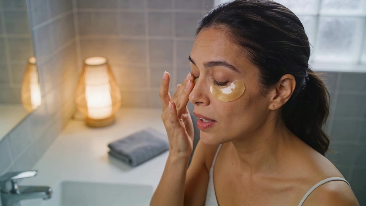 Raising hand, woman in tank top pressing gold hydrogel eye patches at tiled vanity