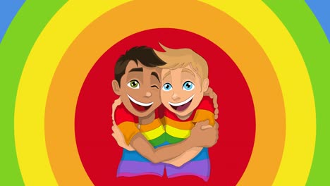 animación de dos niños abrazándose sobre las rayas del arco iris