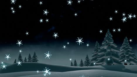 Animation-Von-Weißen-Weihnachtsschneeflocken,-Die-Nachts-über-Eine-Schneebedeckte-Landschaft-Fallen