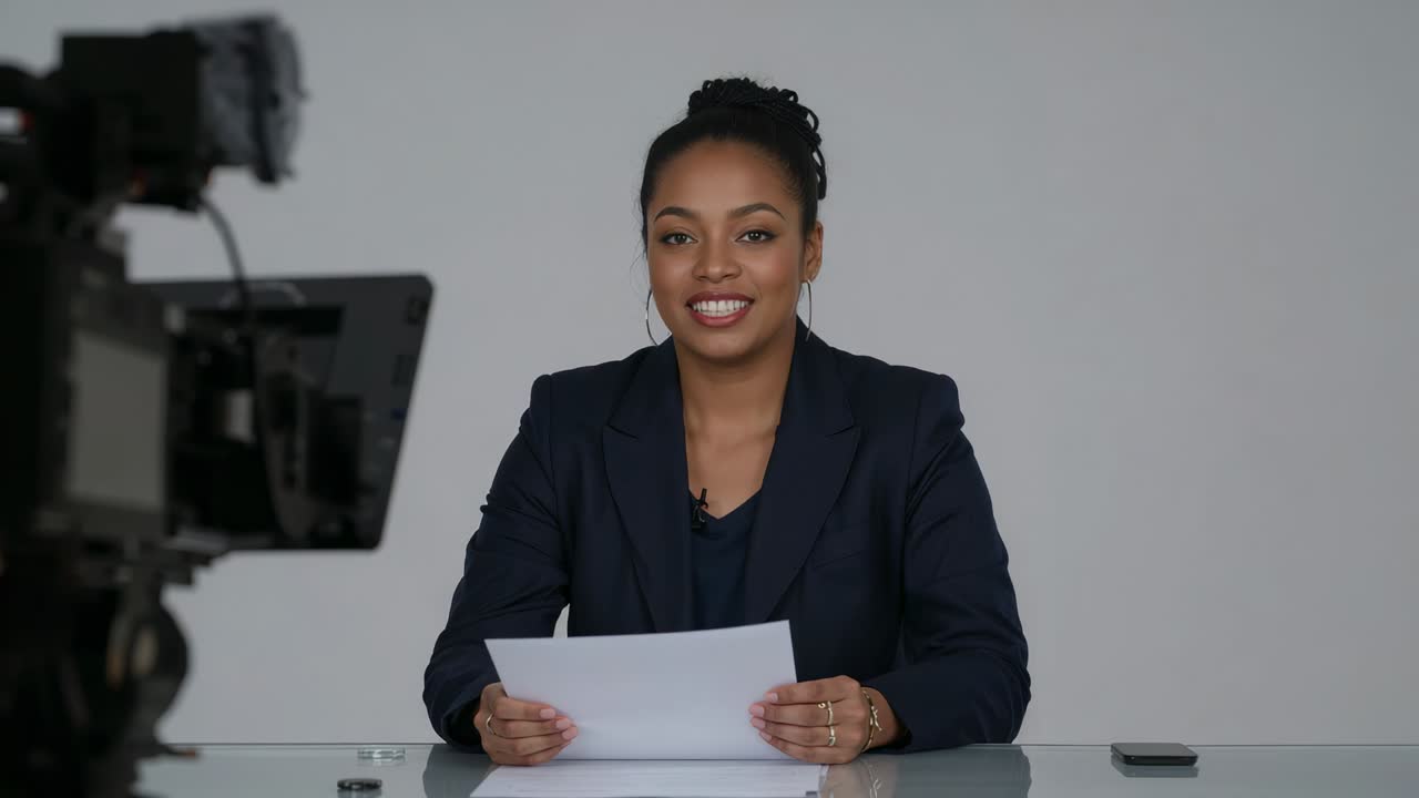 Reading anchor in navy blazer on camera cue, reading script at studio desk with lavalier mic
