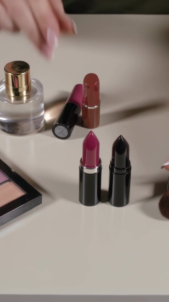 Vertical video: Entering frame, woman in dark sleeves arranging lipsticks on vanity tidying perfume