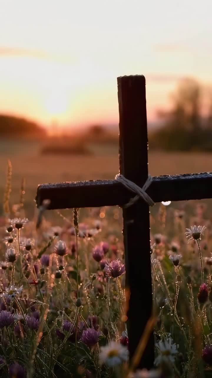 Video ravvicinato di una croce di legno in un campo di fiori selvatici all'alba, che crea un'atmosfera serena