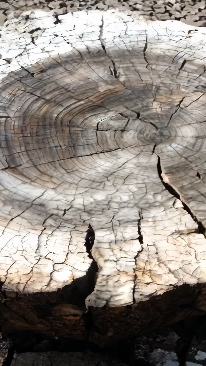 A large tree stump with many cracks and holes. The stump is surrounded by dirt and he is weathered