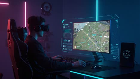 an engaging virtual reality experience: a gamer immersed in 3d navigation and tactical simulation, fueled by cutting-edge technology and dynamic visuals