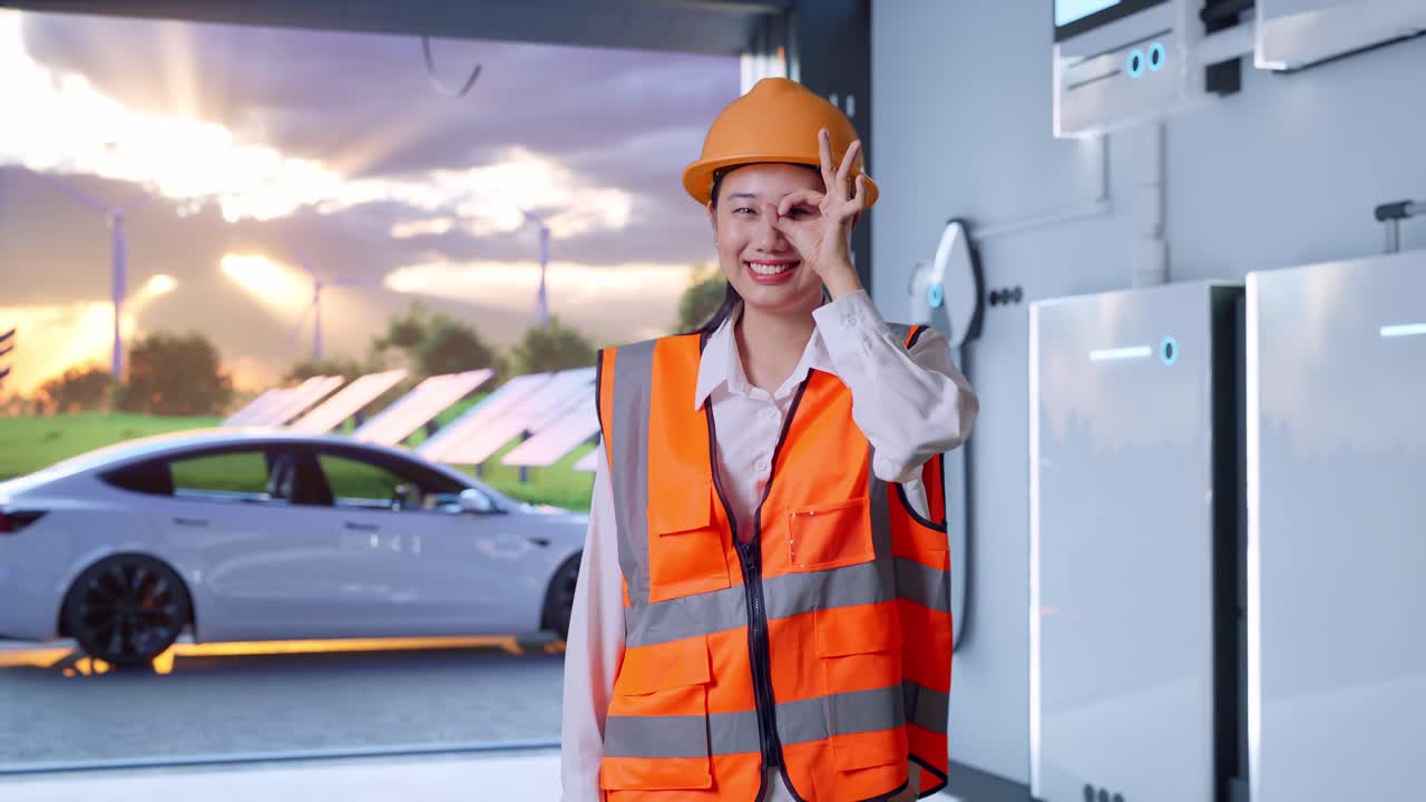 Asian Female Engineer With Safety Helmet Showing Ok Hand Sign Over Eye And Smiling To Camera With Home Energy Storage System In a Modern Garage