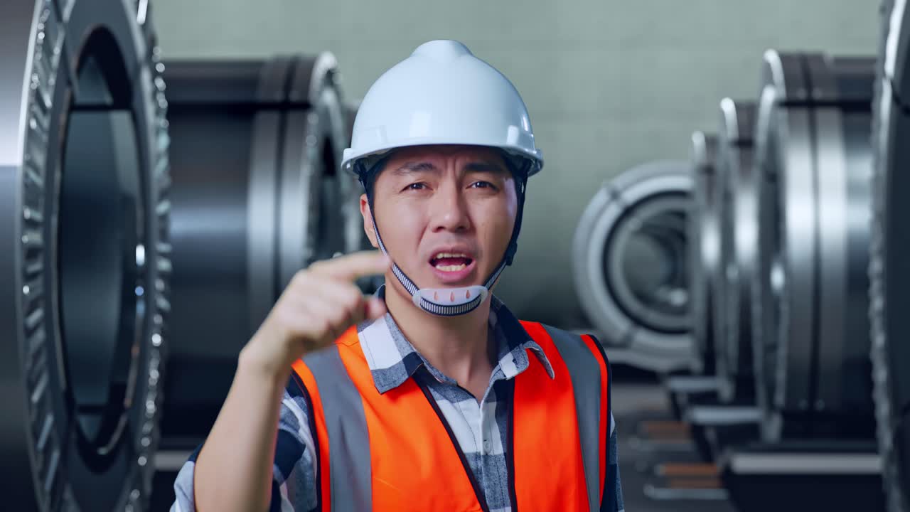 안전 헬을 입은 분노한 아시아 남성 엔지니어가 금속 공장에서 서서 누군가에게 소리치고 있습니다.