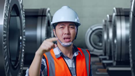 primer plano de un ingeniero masculino asiático enojado con casco de seguridad gritando a alguien mientras estaba de pie en una fábrica de metal