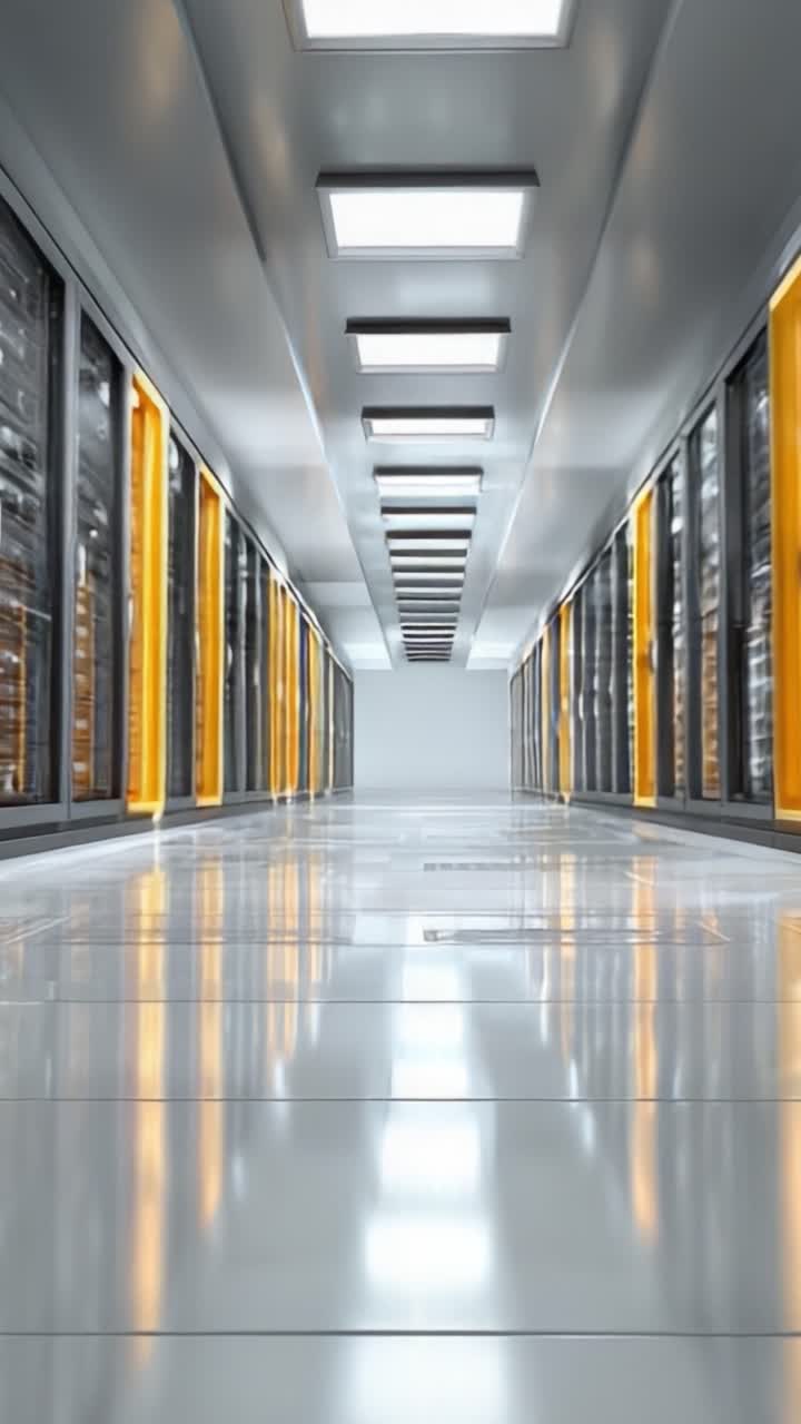 Un pasillo de centro de datos de alta tecnología con elegantes racks y diseño moderno con paneles iluminados, mostrando una infraestructura de red avanzada.