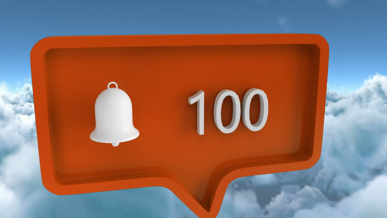 animación del icono de alerta con números en la burbuja de habla sobre el cielo y las nubes