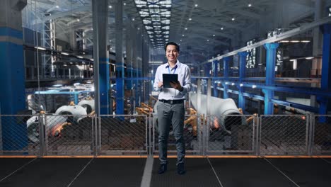 full body back view of an asian male professional worker standing at the center of the wind turbine factory, typing on tablet's keyboard with green screen and look at the factory once