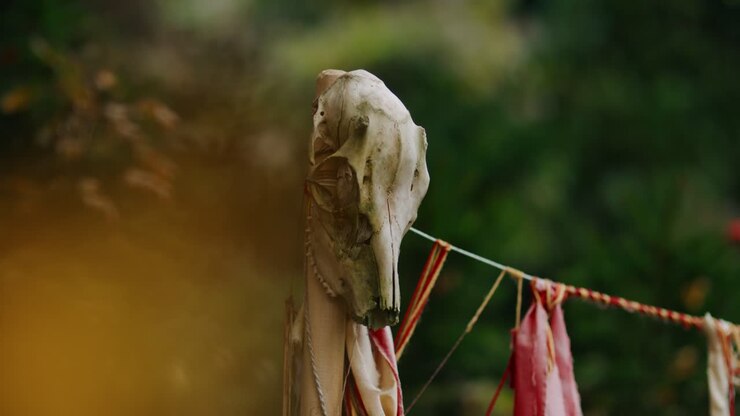 Bleached horse skull mounted on a wooden pole stands adorned with colorful prayer ribbons as fire flames flicker in the foreground during a shamanic ceremony
