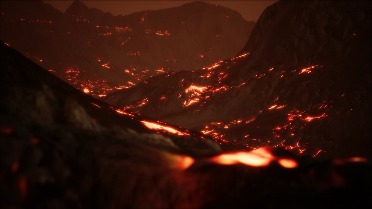 lava fundida roja y vibrante que fluye sobre un campo de lava gris y una tierra rocosa brillante