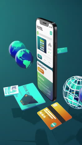 mobile hotel booking app with digital payment and travel elements