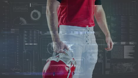 animation of midsection of caucasian american football player over diverse data