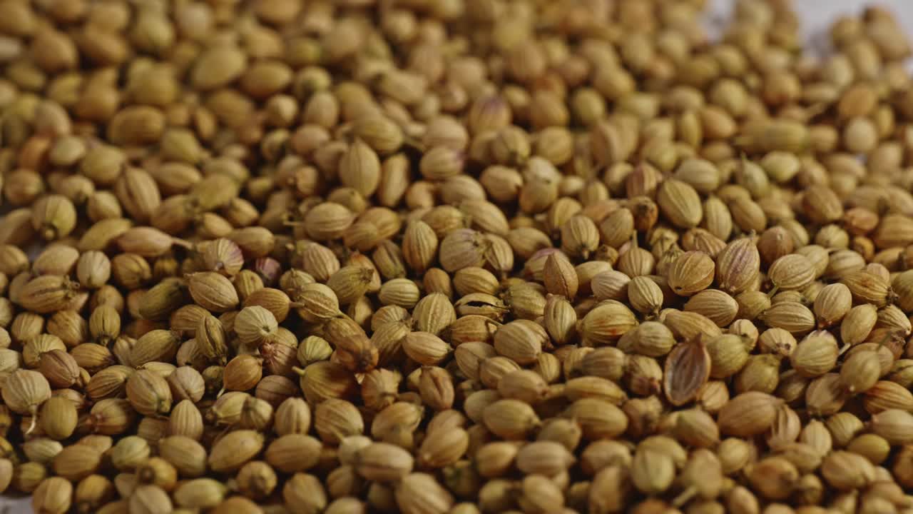 coriander seeds closeup, parallax shot, 4k.