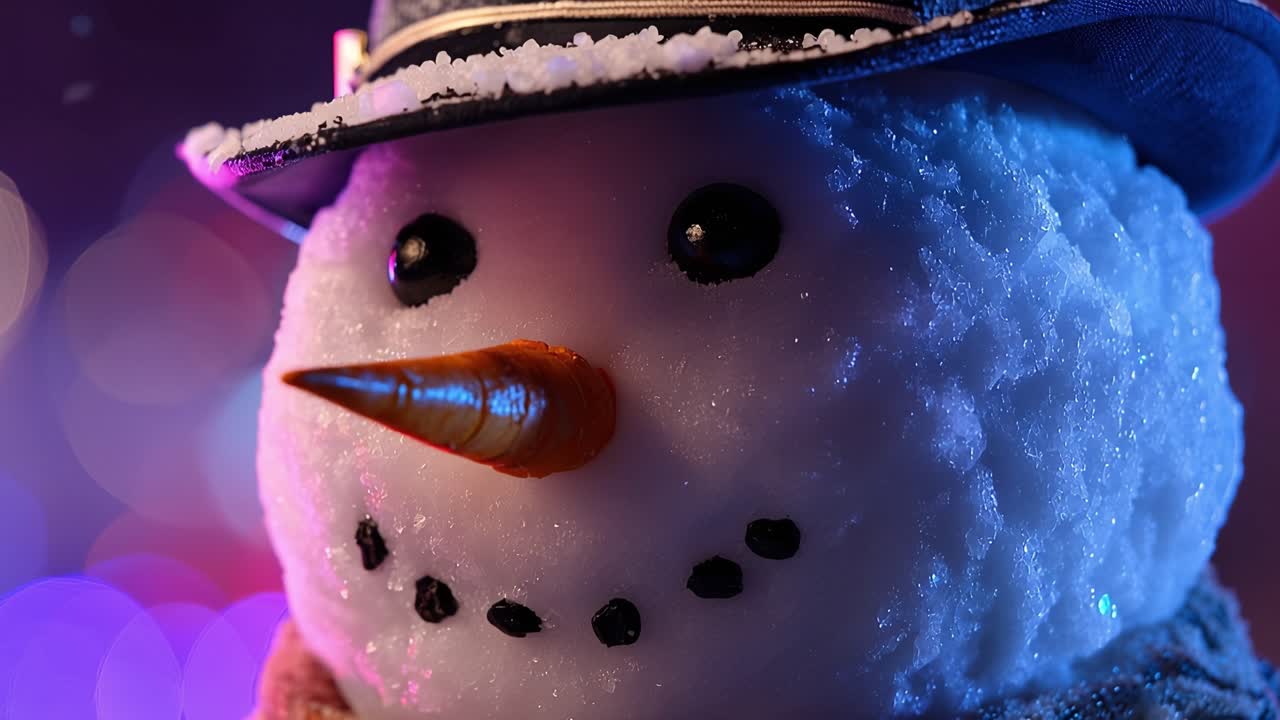 Snowman wears hat, scarf, and carrot nose. Snowflakes fall as colorful lights glow softly. Snowman smiles, eyes bright, face warmly lit. Ideal for holiday, winter, or festive scenes