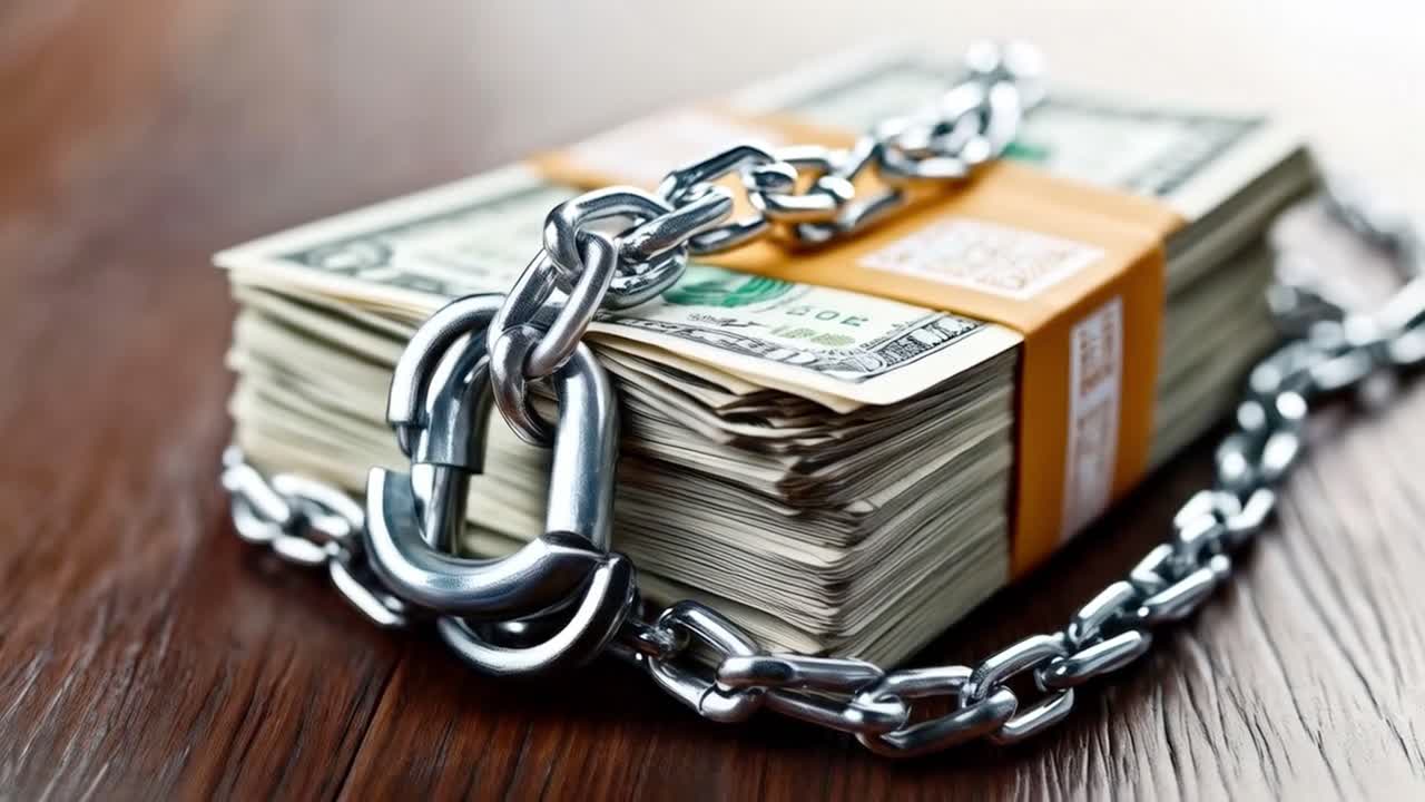 Stack of money secured with chain