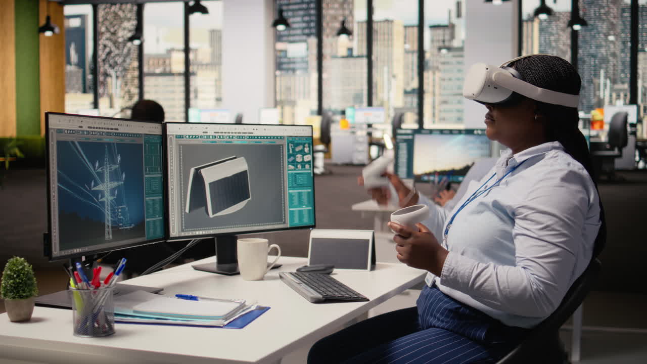 Technician Using Vr Headset To Create Solar Powered Device Design