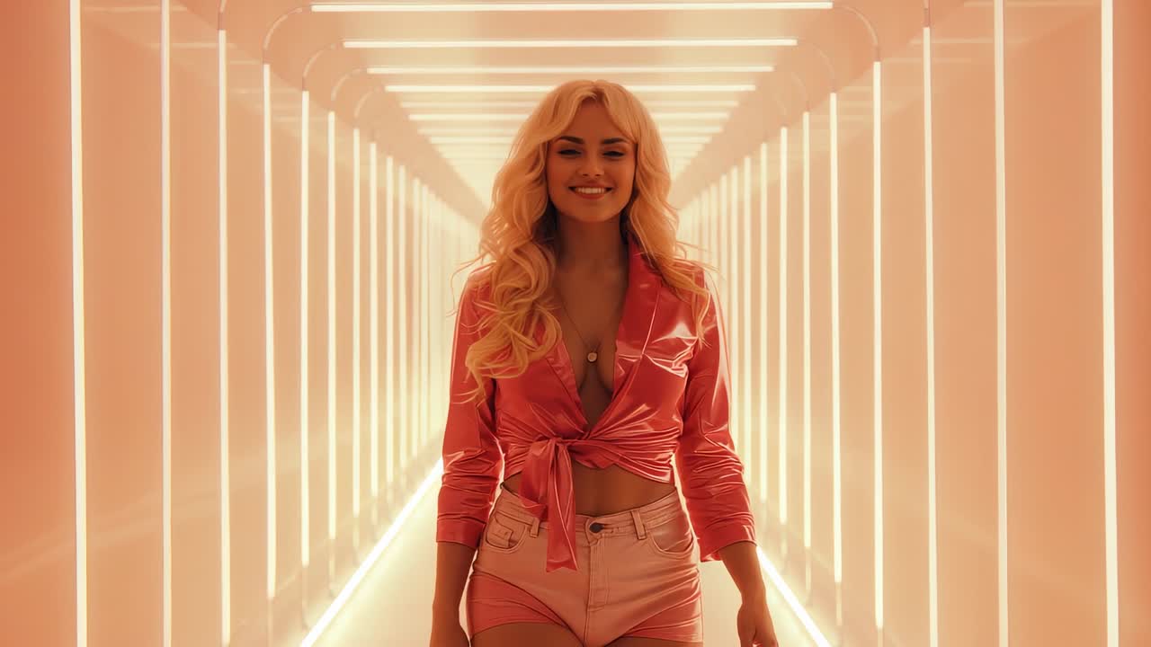 Emerging white woman walking toward camera along pink-lit corridor with LED strips modeling outfit