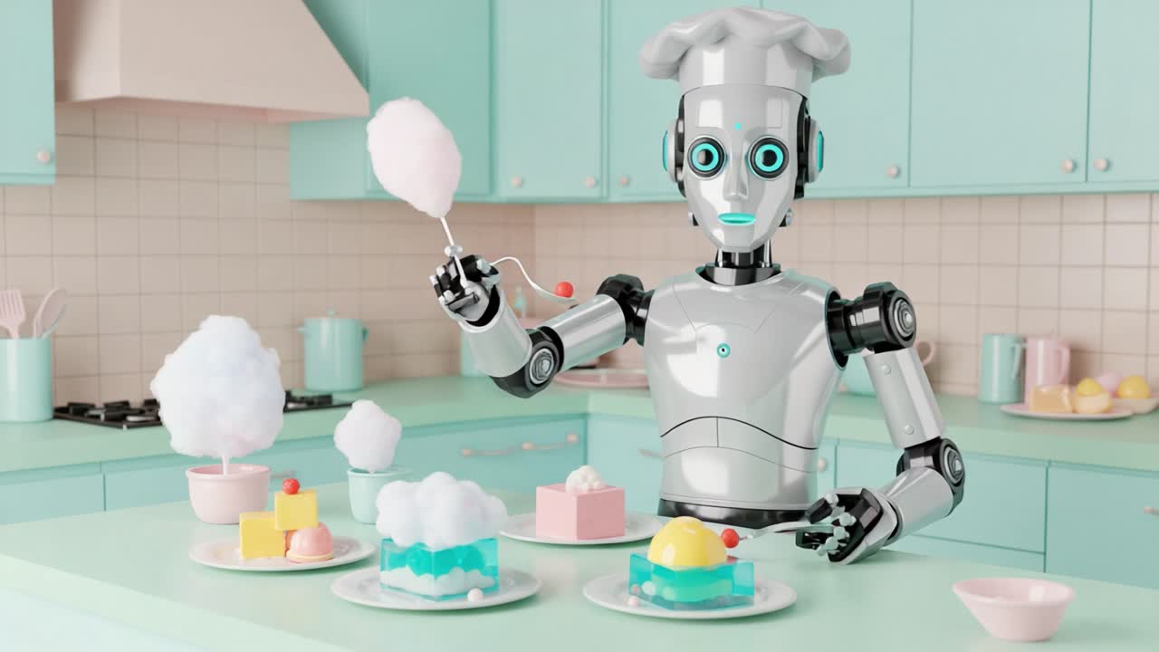 Un allegro robot chef prepara abilmente deliziosi dessert in una cucina luminosa e colorata, mettendo in mostra l'innovazione nell'arte culinaria e nella tecnologia