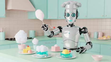 a cheerful robot chef skillfully prepares delicious desserts in a bright, colorful kitchen, showcasing innovation in culinary art and technology