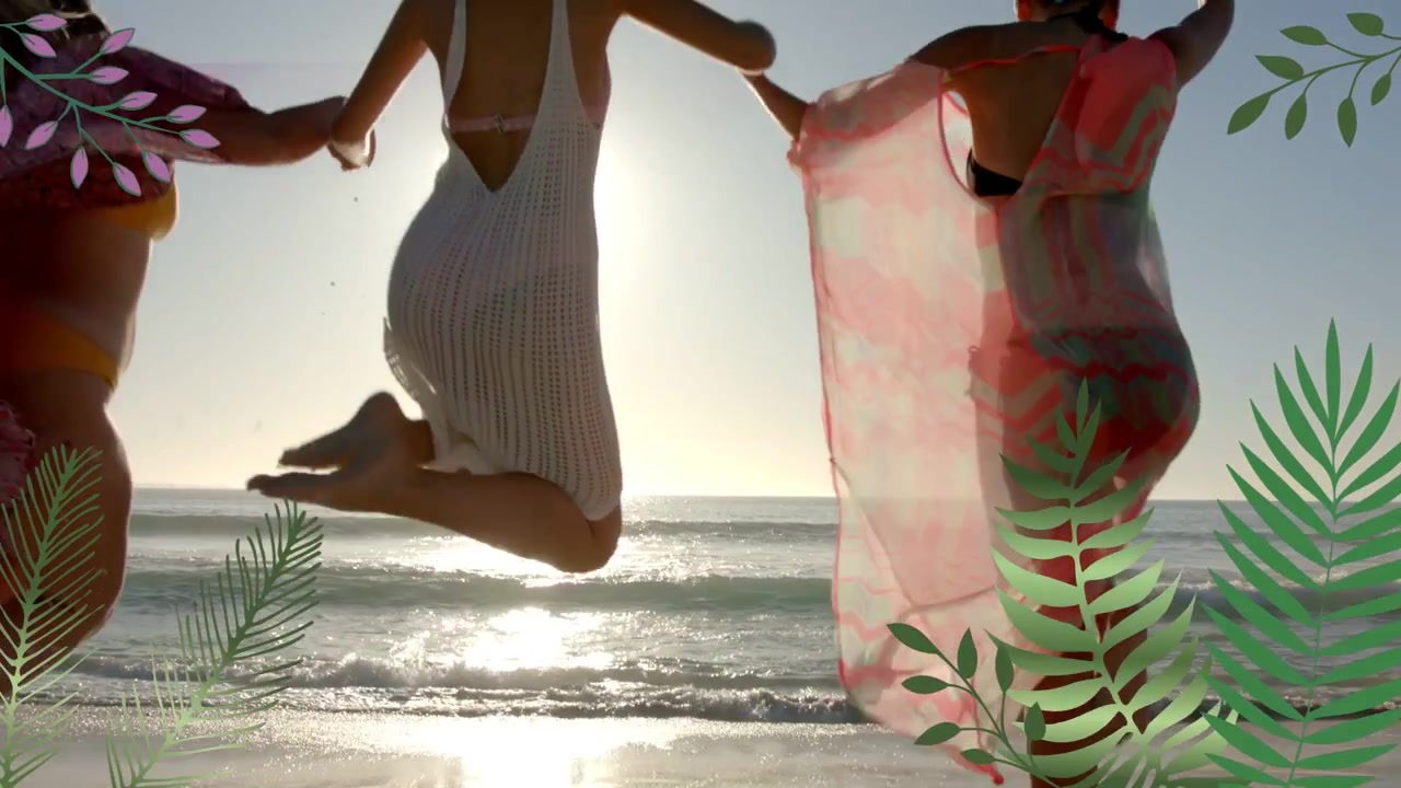 Três mulheres de mãos dadas, correndo para as ondas, pulando, projetando sombras, com bordas florais emoldurando a cena de viagem.