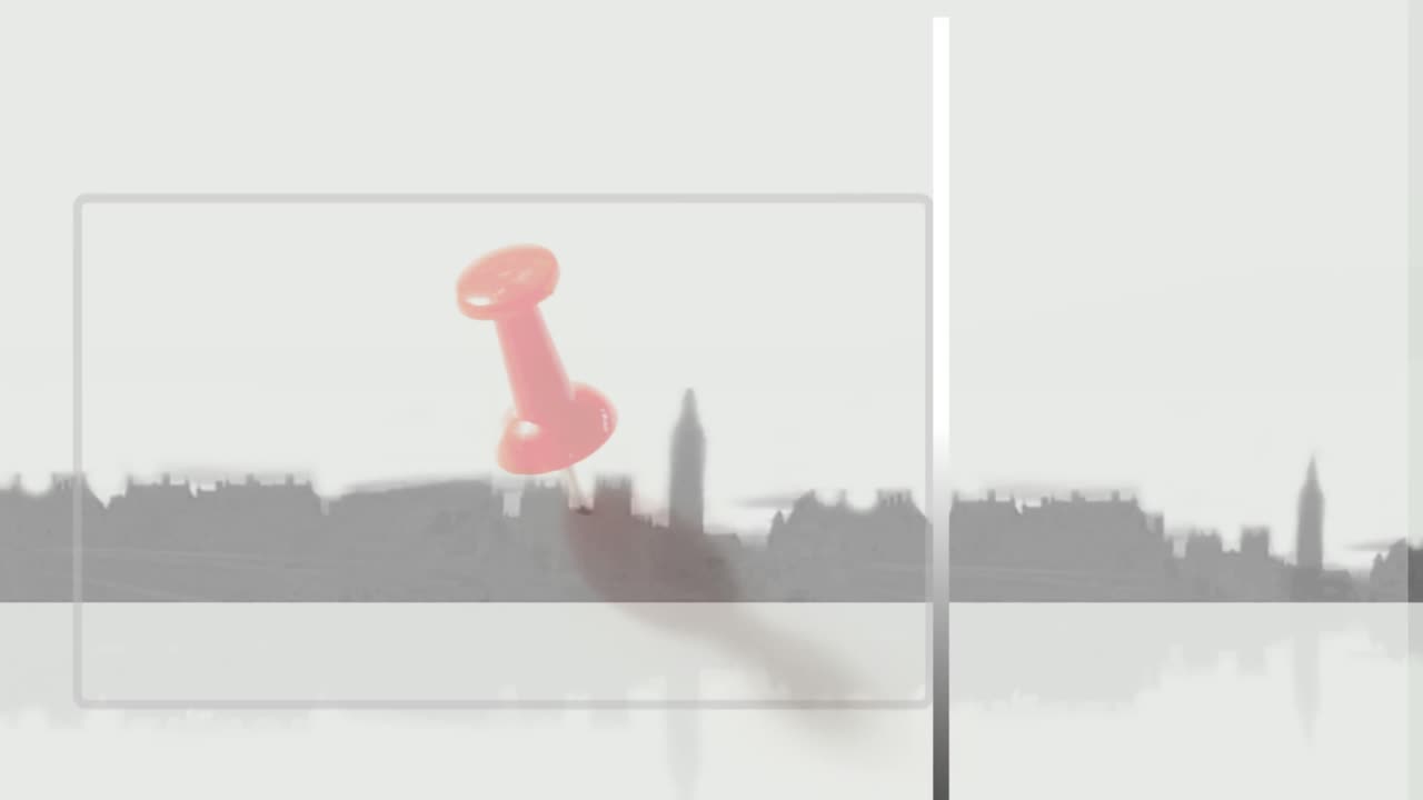 도시 풍경 위의 프레임과 핀의 애니메이션.