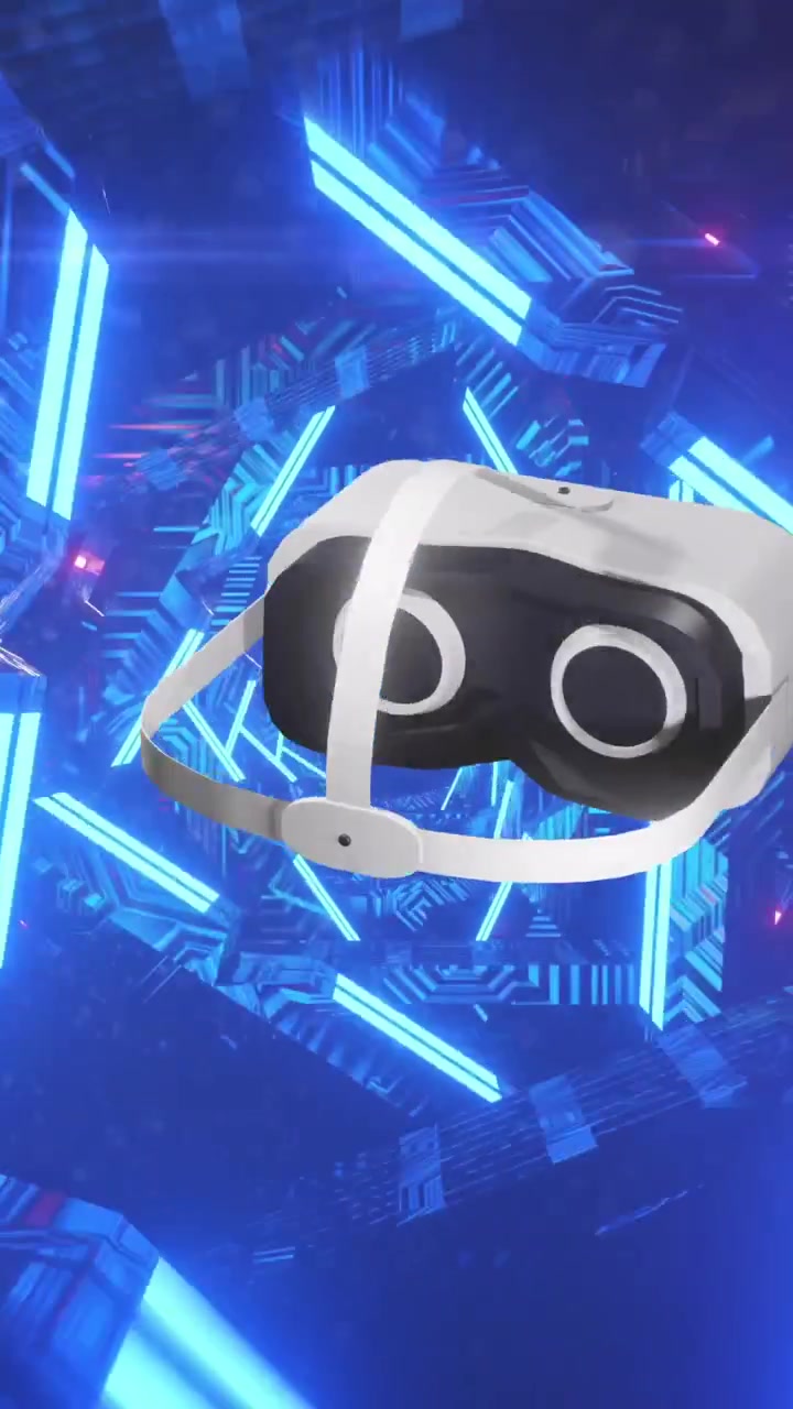 Animazione di un visore VR su luci al neon incandescenti.