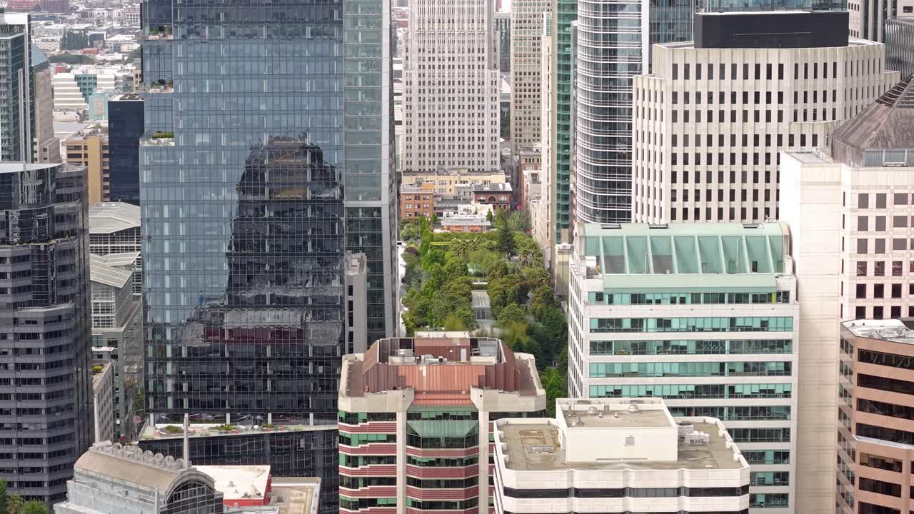 Salesforce Park, San Francisco USA, Drone Shot of Elevated Gardens Between Downtown Towers and Skyscrapers