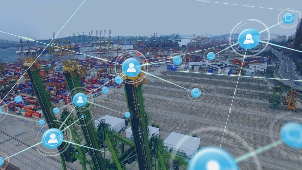 red de iconos digitales frente a la vista aérea del puerto