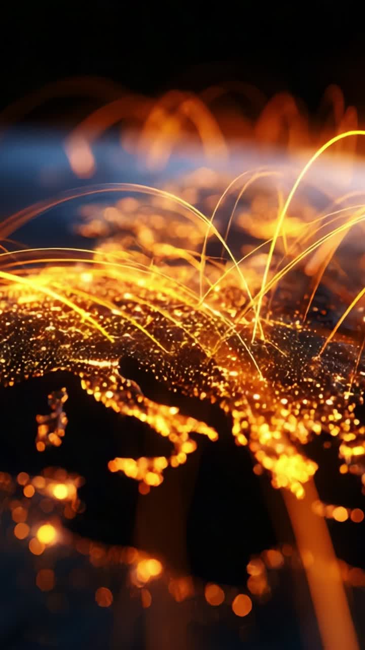 Illuminated Global Network Connections: A Dynamic Representation of Data Flow and Communication Across Europe with Luminous Trails and Complex Paths