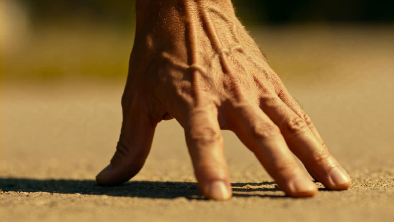 Lowering right hand toward sunlit paved surface, fingertips pressing and making tiny dark marks