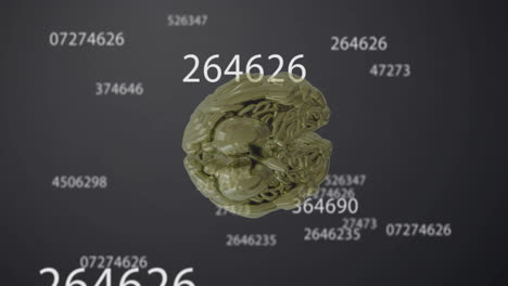 animation of human brain and numbers data processing on grey background