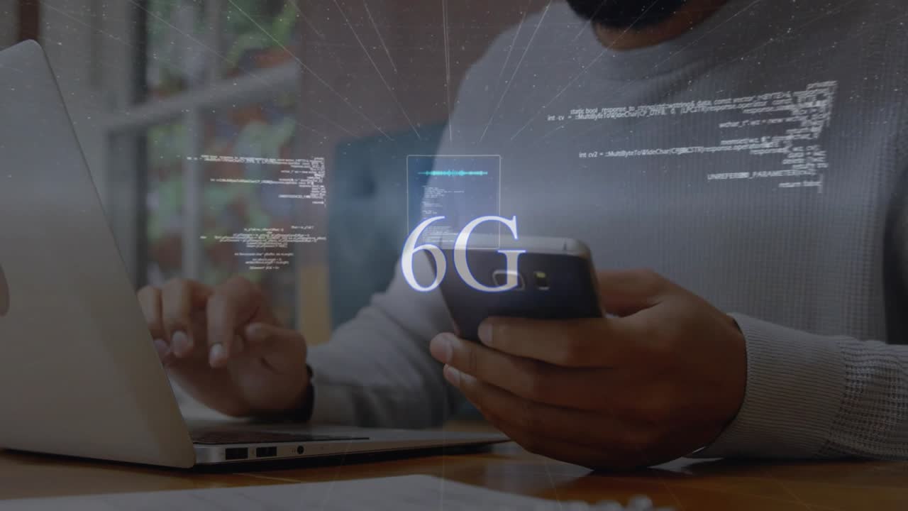 Mid adult man tapping laptop and phone screens showcasing 3D code expanding into rotating 6G globe