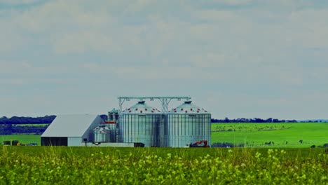 establishing fixed shot of agriculture grain bin silo containers on a rural farm field