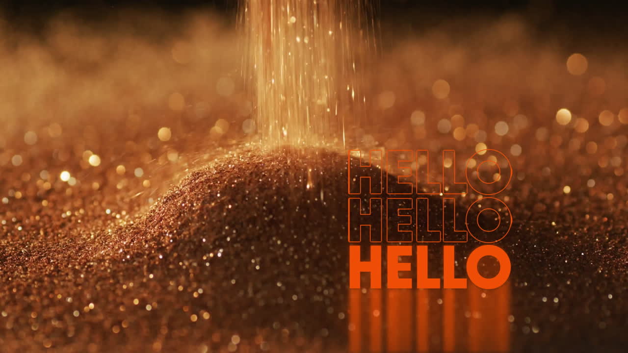 Falling sand particles over HELLO text animation in orange and black