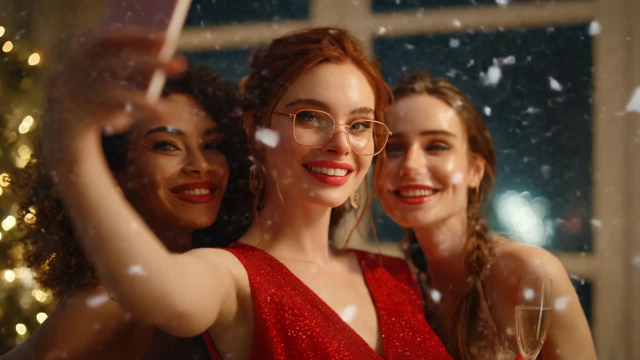 Una festa gioiosa: tre amici si scattano un selfie in un'atmosfera festosa tra fiocchi di neve che cadono, irradiando felicità e allegria in un invitante ambiente natalizio pieno di luci scintillanti e calore