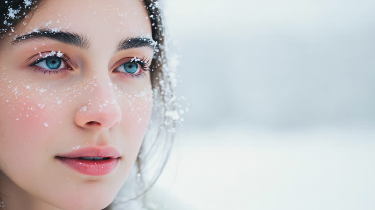 Captivating Portrait of a Young Woman Captured in a Serene Snowfall, Her Enchanting Blue Eyes Reflecting the Soft Light and Winter's Beauty