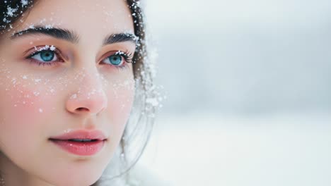 captivating portrait of a young woman captured in a serene snowfall, her enchanting blue eyes reflecting the soft light and winter's beauty