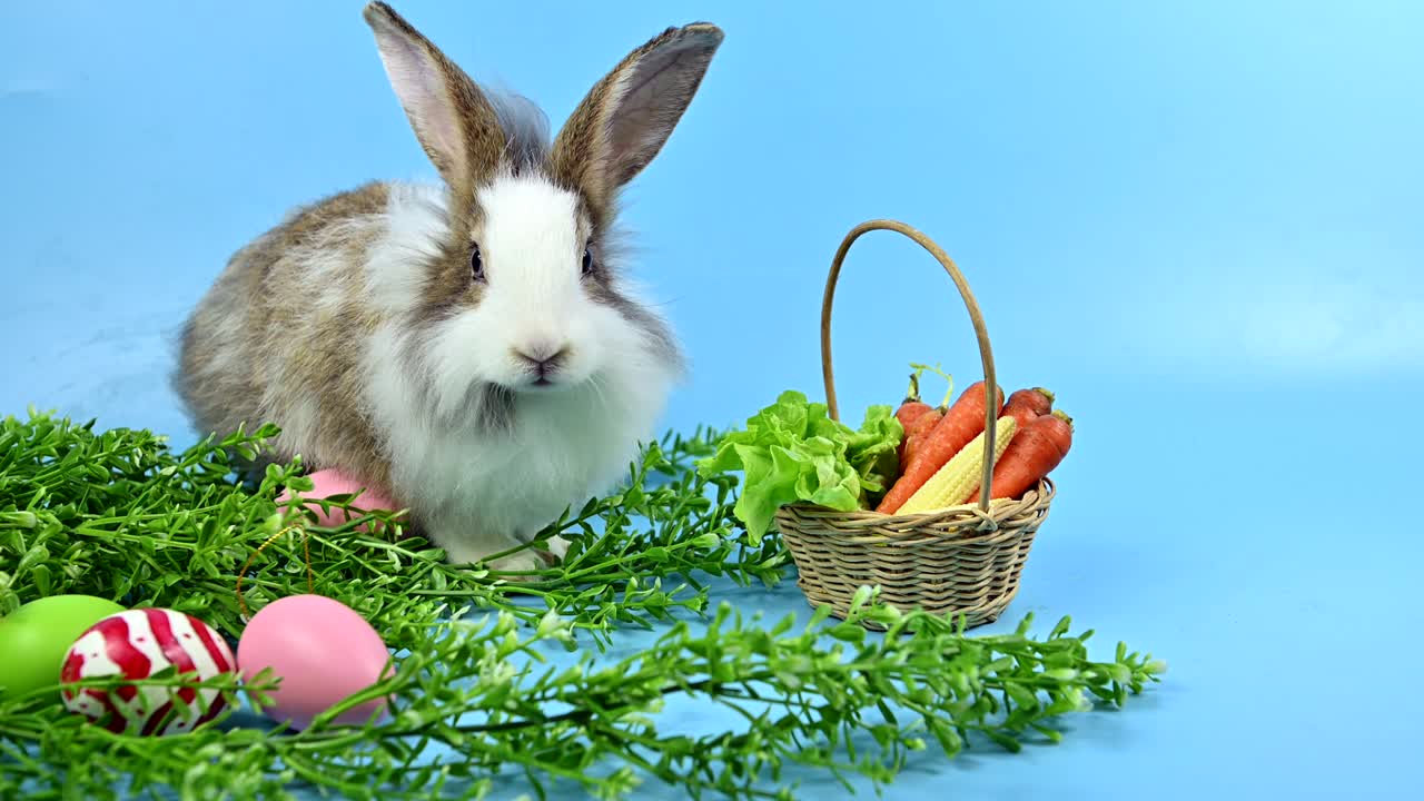 кролик на синем фоне экрана. духовное животное и умный питомец на пасху