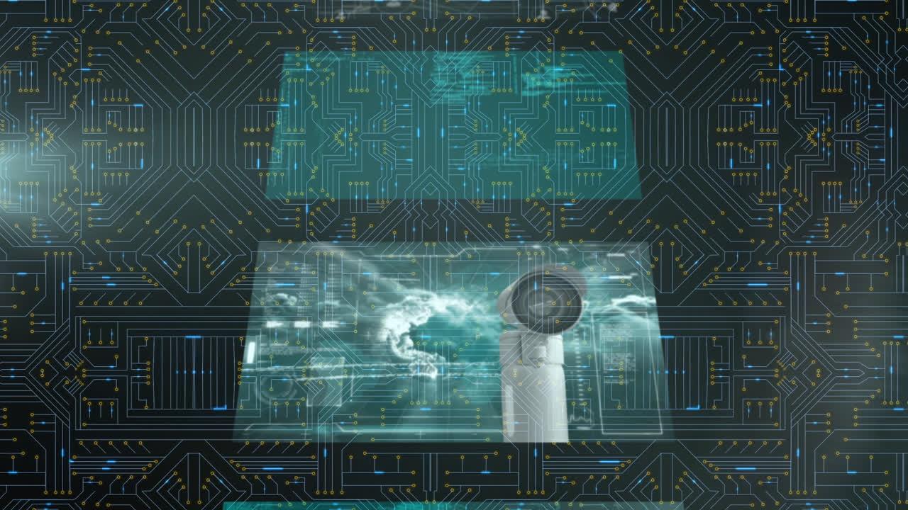 animazione di schermi con elaborazione dei dati su connessioni di microprocessore su sfondo grigio